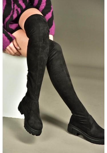 Fox Shoes V7264253 Siyah Süet Streç Kadın Çizme Siyah