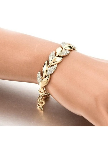 Flybuy 18 Ayar Altın Yaprak Bileklik, Pırlanta Detaylı Moda Düğün Takı Kadın Bileklik Sarı Altın Takı Sarı Altın