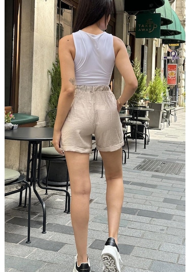 WeShaya Kadın Bej Beli Lastikli, Cepli, Duble Paça, Kısa Keten Şort Bej