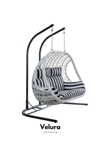 Pop Bahçe Salıncağı Çift Kişilik - Beyaz Rattan Zebra Minder Beyaz