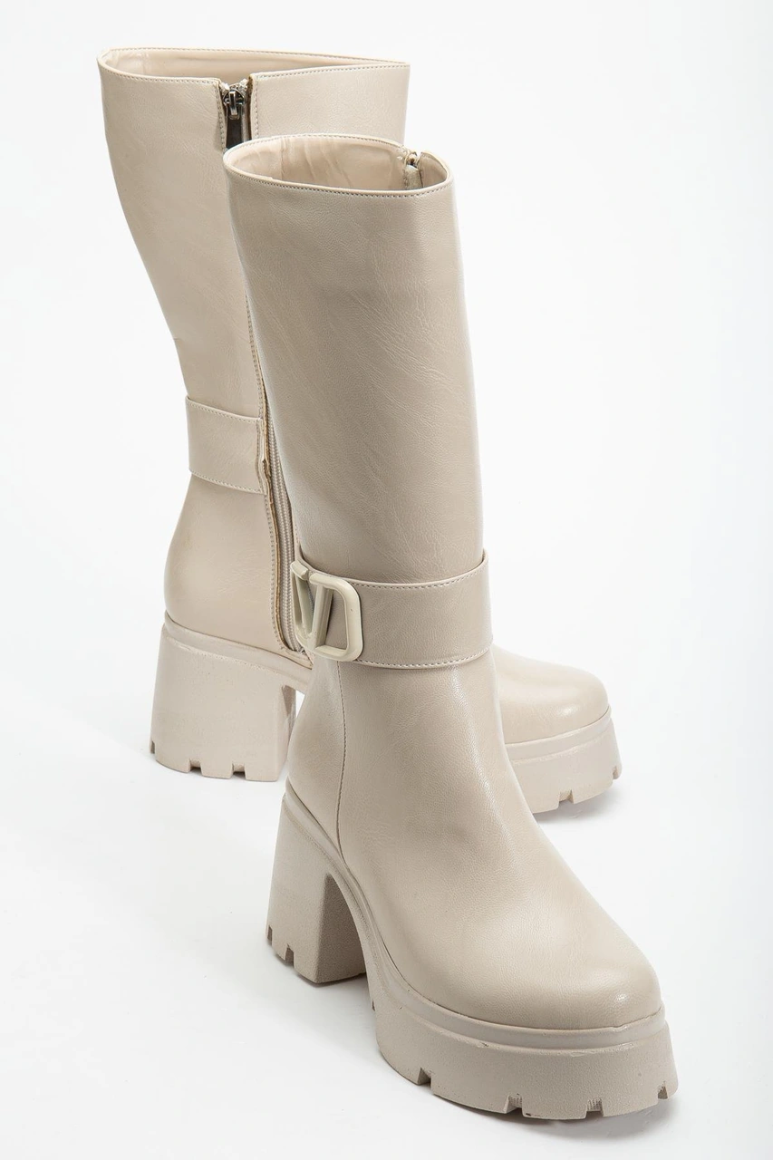 Bej Kadın Platform Topuklu Çizme Diz Altı Suni Deri Kemer Tokalı-4270 Bej