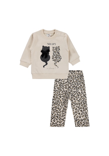 Civil Baby Leopar Kedi Baskılı 6-18 Ay Takım - Bej