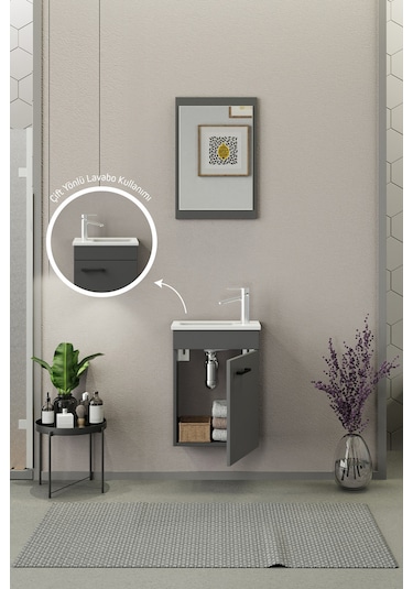 Biani Fix Arya Mini 42 Cm Banyo Dolabı,Seramik Lavabolu, Aynalı,Lavabo Dahil,Mdf,Mat Gri Biani Fix Arya Mini 42 Cm Banyo Dolabı,Seramik Lavabolu, Aynalı,Lavabo Dahil,Mdf,Mat Gri