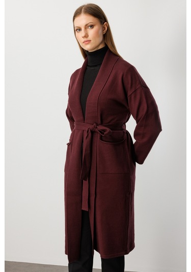 On Kadın Büyük Beden Beli Kuşaklı Şal Yaka Hırka 60900 Bordo Bordo