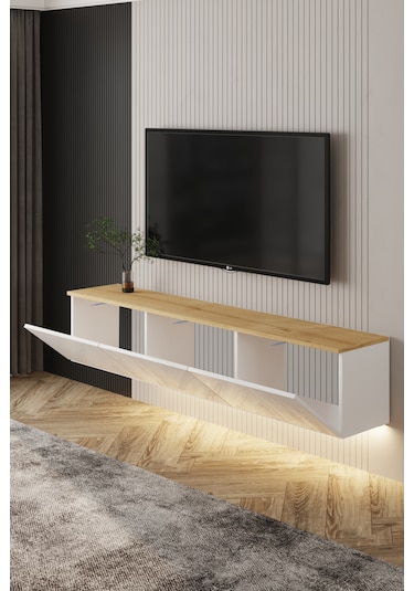 Neon Işıklı Duvara Monte Tv Ünitesi Beyaz - Safir Meşe