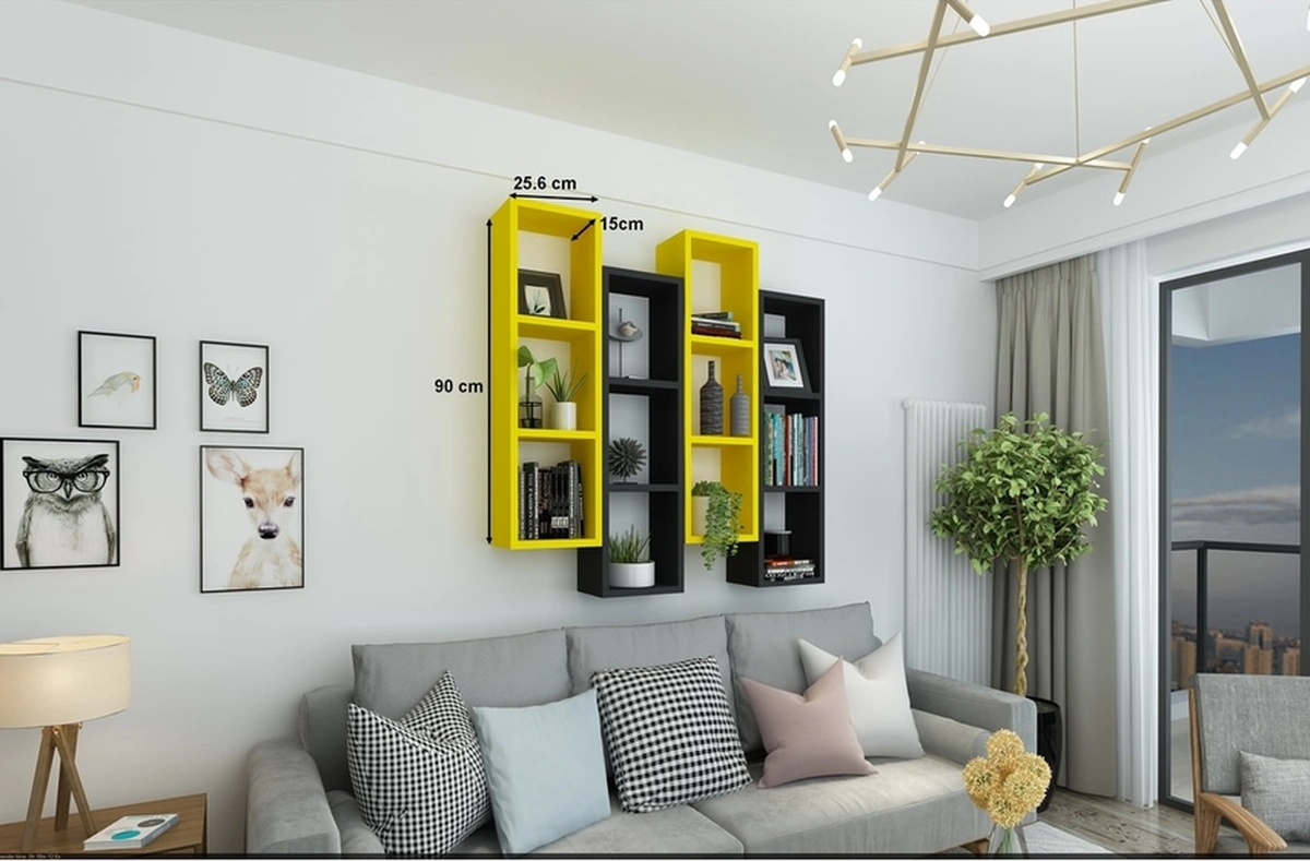 Kitaplık Modern Ev Duvar Rafı Sarı Siyah 4 Lü Takım Sarı Siyah