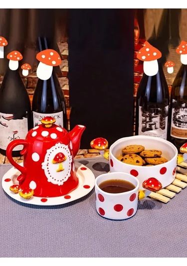 Fortunelane Fırınlanmış Seramik Mantar Desenli Çaydanlık, 0.91l Kapasite, Kapağı İle Ev Ve Misafir İçin Kırmızı Kırmızı