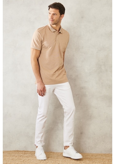 Ac&Co / Altınyıldız Classics Polo Yaka Cepli Regular Fit Bol Kesim Düz Tişört - 482518226 Bej