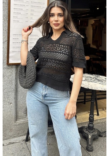 Kadın Siyah Ajurlu Merserize Triko Örme, Terletmez, Salaş Kalıp, Polo Yaka Bluz Siyah