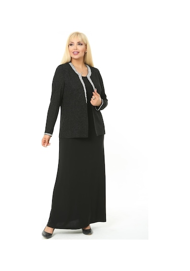 Büyük Beden 3729 Siyah Gümüş Abiye Ceket+Elbise Takım 001