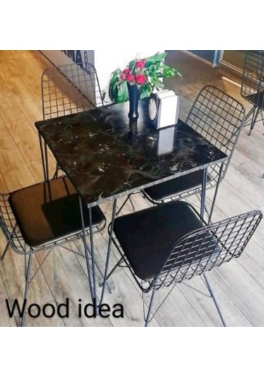 Webdepo Wood Idea Siyah Mermer Desen 70X70 Kare Yemek Masası Balkon Masas