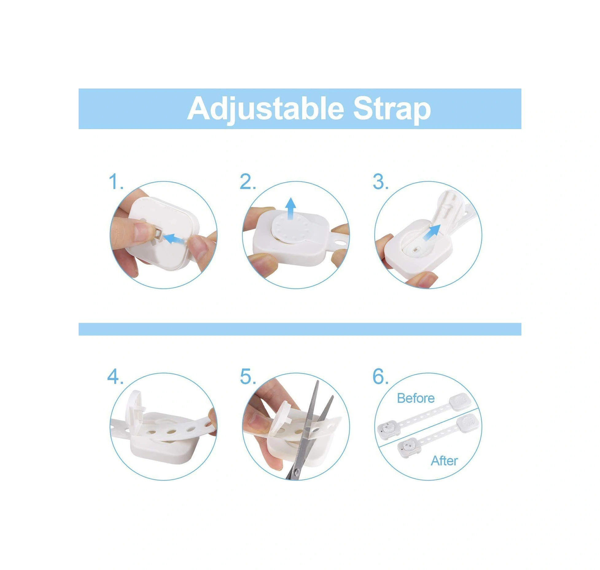 Fosenze 6 Adet Beyaz Çocuk Güvenliği Kilitleri - Çekmeceler, Dolaplar, Buzdolabı İçin Çift Koruma Mekanizması, Kolay Kurulum, Uzunluk Ayarlanabilir Abs Kilidler Beyaz