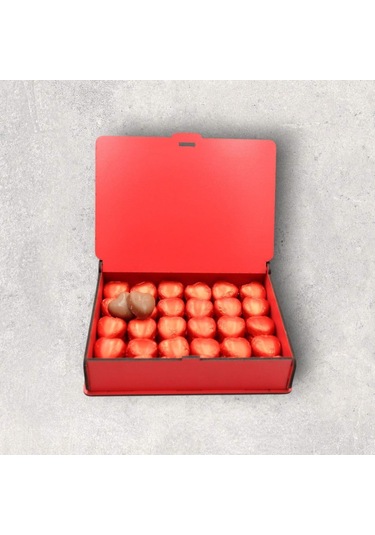 50 Adet Kalp Şeklinde Çikolatalı Kırmızı Ahşap Hediye Kutusu Sevgi Dolu Tatlar