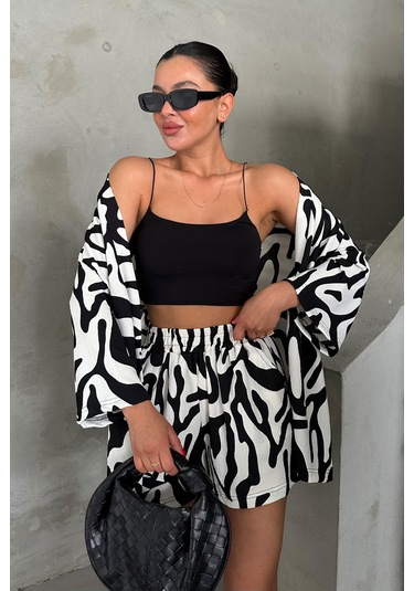 Modagen Kadın Zebra Desenli Kimono Şort Alt Üst Takım Siyah Beyaz