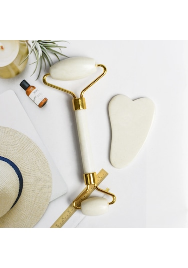 Doğal Yeşim Çift Kafa Masaj Silindiri + Guasha Tahta Kazıyıcı Yüz Zayıflama Yaşlanma Karşıtı Kabarık Gözler Yüz Cilt Bakımı Araçları - Stil B Altın