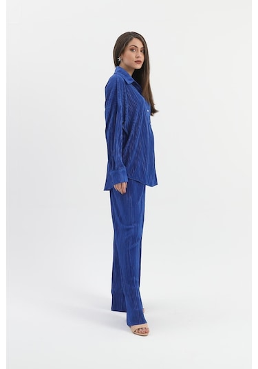 Düğme Detaylı Örme Pilise Takım - Saksmavisi-saksmavisi Saks Mavisi