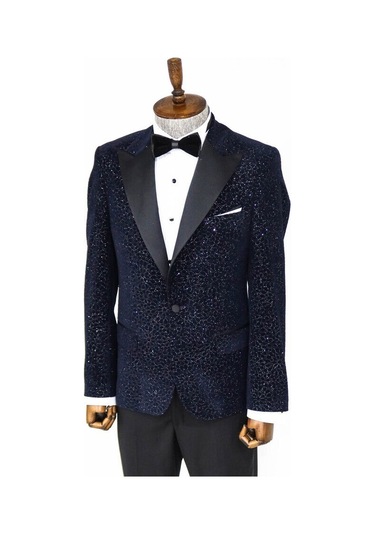 Wessi Işıltılı Çiçek Desenli Lacivert Erkek Smokin Ceket Lacivert