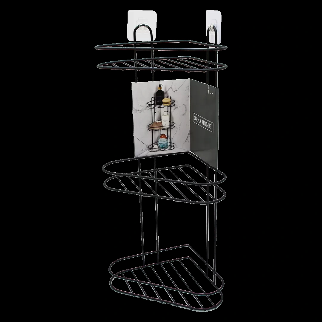 3 Katlı Siyah Metal Köşe Rafı Kahverengi