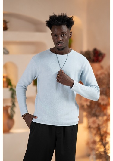 Regular Fit Likralı Kendinden Çizgili Mevsimlik Spor Kazak Mavi