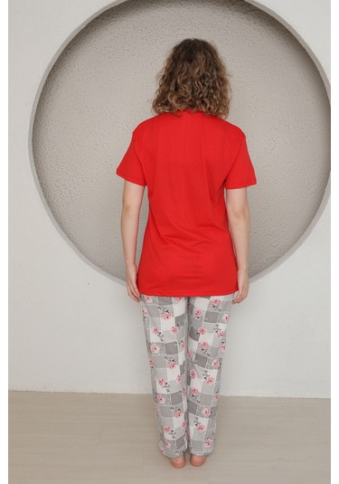 Fames Pijama Yazlik Çiçek Desen Kadin Pijama Takim Kırmızı