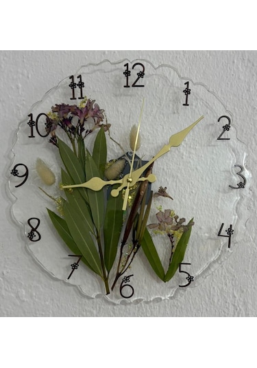 Pelince - Zakkum Çiçekli Ve Tavşan Kuyruğu Bitkisi - Epoksi Duvar Saati - Özel Tasarım - Tek Üretim - 30 Cm Şeffaf