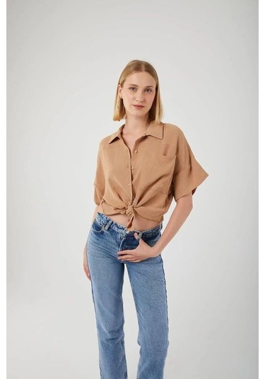 3960 Kadın Robalı Cepli Gömlek Vizon Vizon