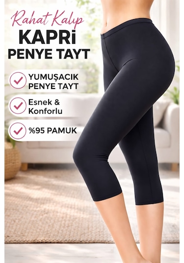 Süper Kalite Rahat Kalıp Yüksek Bel Ağlı Diz Altı Kapri Penye Siyah