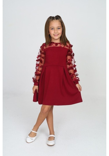 Tül Detaylı Siyah Elbise 2 Bordo