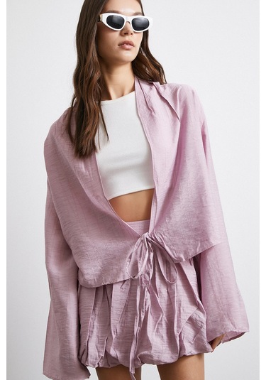 Geniş Kol Önden Bağlamalı Bluz Lila LILA