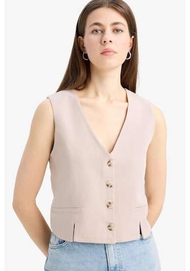 DeFacto 	V Yaka Keten Karışımlı Beyaz Blazer Yelek D0513AX25SMBG78 Bej