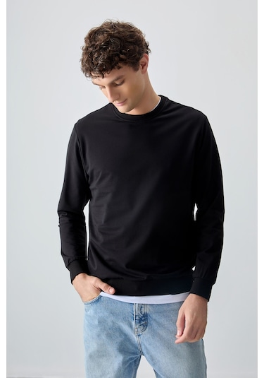 Tommy Life Siyah Pamuk Yumuşak Dokulu Standart Fit Basic Erkek Sweatshirt - 88363 Siyah