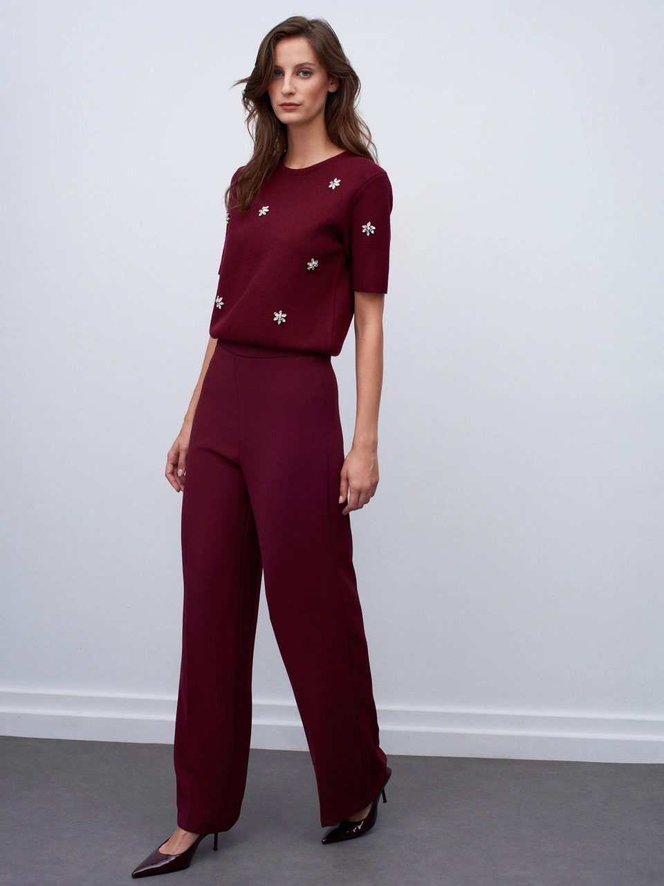 Dilvin 7535 Yanı Fermuarlı Bol Paça Pantolon-bordo Bordo
