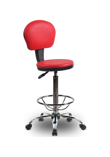 Ofiscombin Döner Tekerli Metal Ayak Arkalıklı Yüksek Bar Tabure Sandalyesi Kirmizi Deri 00047499851