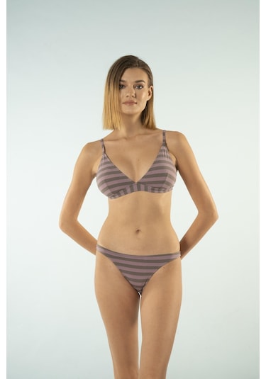 Estiva Bantlı Toparlayıcı Üçgen Bikini Takımı - Çizgili Mürdüm