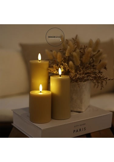 Çizgili Pilli Kütük Mum Bej 10 Cm Bej