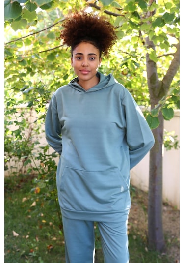 Akbeniz Kadın Pamuk Kapşonlu Cepli 3 İplik Petrol Eşofman Takım 9037-petrol Petrol