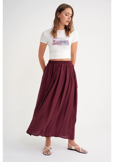 4612 Kadın Yandan Cepli Pileli Bol Etek Bordo Bordo
