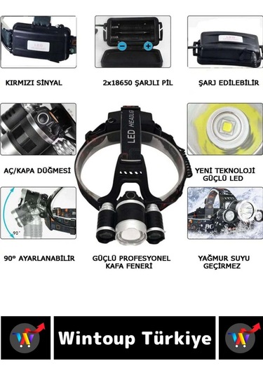 Profesyonel Kamp Avcı Balıkçı Deprem Güçlü Işık 3 Modlu Şarjlı 3 Başlıklı Kafa Lambası Çok Renkli