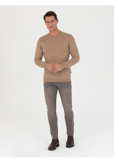 Cacharel Camel Slim Fit Bisiklet Yaka Triko Kazak Kahverengi