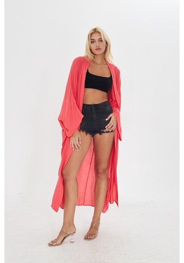 Kutaf Nar Çiçeği Uzun Kimona/ Beachwear Narçiçeği