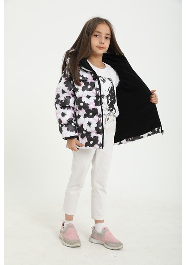 Freemen Kız Çocuk Beyaz Mor Çiçek Desen Polar Su Ve Rüzgar Geçirmez Kapüşonlu Şişme Kışlık Mont Beyaz