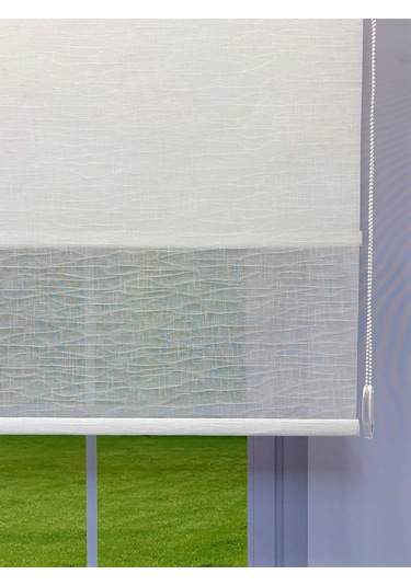 Çift Mekanizmalı Beyaz Çizgili Desenli Tül Ve Beyaz Mat Stor Perde Beyaz