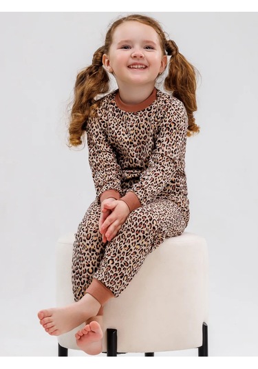 Babycollection Leopar Desenli Pantolonlu Kız Çocuk Pijama Takımı 252658790 Bej