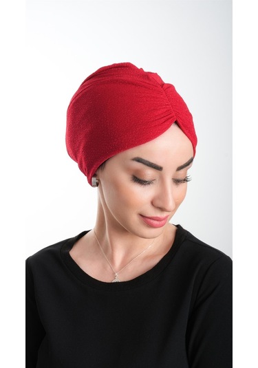 Kırmızı Pratik Hazır Geçmeli Tesettür Bone Fukuro Simli Büzgülü 2116 31 Kırmızı