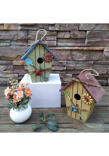 Qingmipy Ahşap Kuş Yuvası Bahçe Dekoru - Mavi Çatıklı Eğik Tasarım, Dış Mekan Ası, Kuş Gözlem Penceresi, Ahşap Malzeme