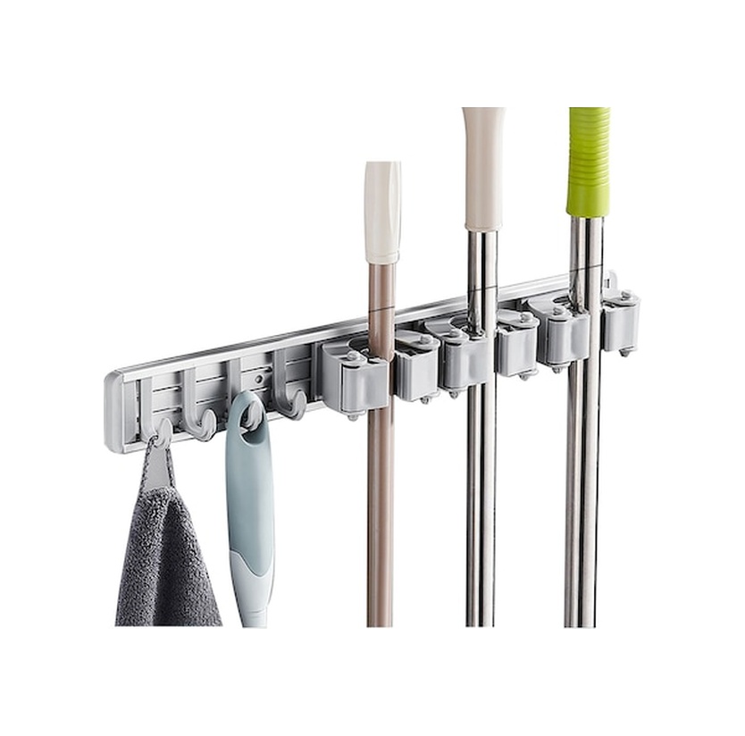 40 Cm Gri Uzay Alüminyum Süpürge Tutucu, 4 Kanca, Delikli/deliksiz Montaj, 12 Kg Yük Kapasitesi, Banyo/mutfak Uygun Gri Gri