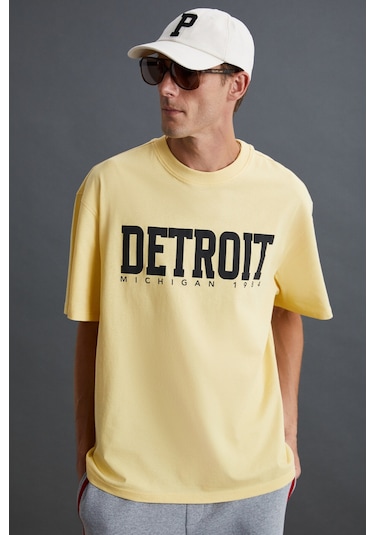 ATLANTA Erkek %100 Pamuklu Kısa Kollu Baskı Detaylı Sarı T-Shirt