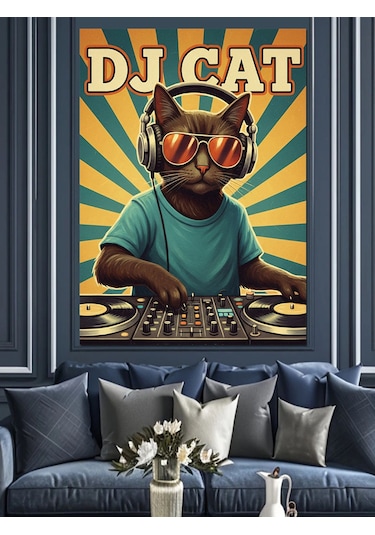 Kulaklıklı Dj Kedi Çocuk Dekoratif Kanvas - Mdf Ahşap Tablo