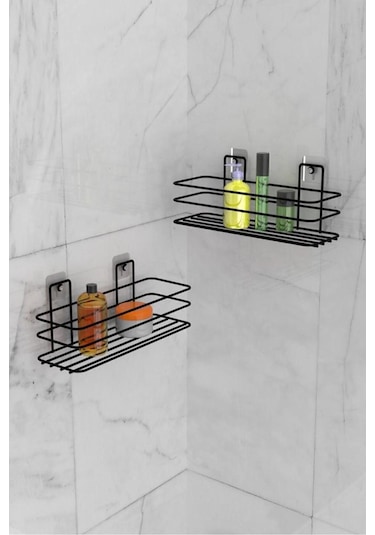 Eva Metal Tasarim Banyo Düzenleyici Şampuanlık Sabunluk Yapışkanlı 2 Adet Banyo Rafı Mat Siyah Duş Rafı Organizer Siyah