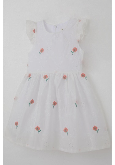 Breeze Kız Çocuk Elbise Çiçek Nakışlı Güpür Detaylı 3-7 Yaş, Ekru Ekru